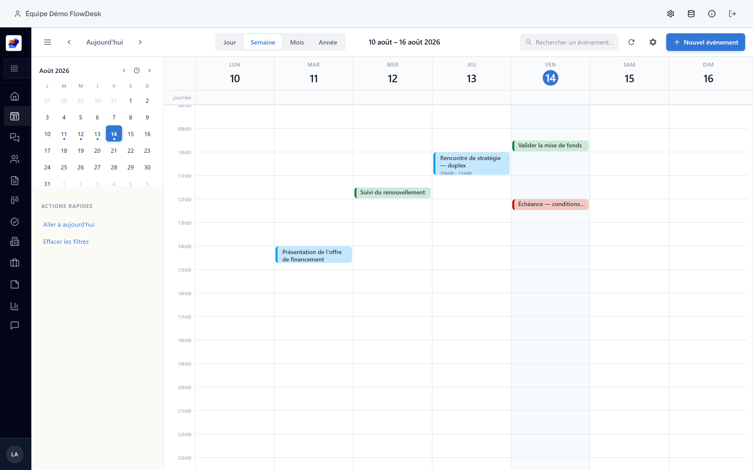 Calendrier hebdomadaire FlowDesk rempli de rendez-vous et suivis fictifs